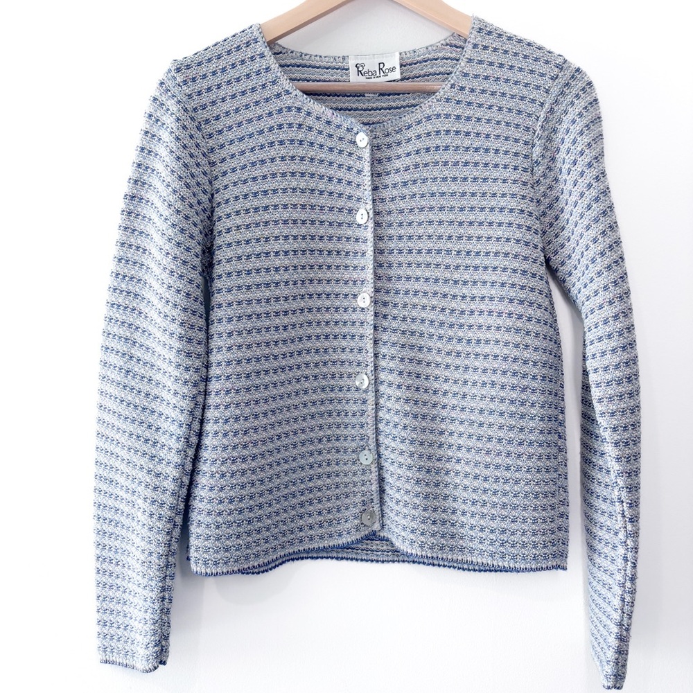 Vintage Reba Rose Blue Woven Button Up Long Sleeve Grandma Cardigan Sweater MP